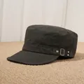 Vintage dark grey flat top cadet cap featuring a decorative silver rivet and metal buckle - 56-58cm (Elastic) / Gray