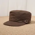 Classic vintage brown cotton flat top cadet cap with metal buckle and rivet detail for women - 56-58cm (Elastic) / Coffee