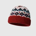 Retro ethnic style knitted wool beanie in deep red with geometric fair isle pattern - Burgundy