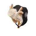 Black winter ushanka hat with plush antlers and white faux fur ear flaps - Black