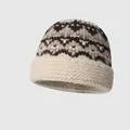Vintage ethnic style knitted wool beanie hat for women with cream and brown pattern - Beige Khaki