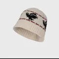 Cozy winter knitted wool bucket hat for women in cream featuring black bird motifs - Beige C1