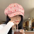 Pink floral corduroy octagonal beret cap for women with large head circumference - 56-58cm / Five-Petal Flower / Pink
