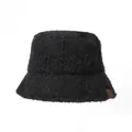 Soft black fuzzy mohair-style bucket hat featuring a vintage brown leather patch detail - 56-58cm / Black