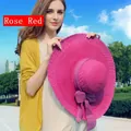 Rose red wide brim straw sun hat with decorative bow for summer beach - Rose Red