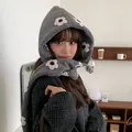 Adorable flower pattern plush hooded scarf and hat combo for warm winter protection - One Size / Gray