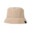 Warm beige plush bucket hat for women featuring a thick fluffy texture and brown patch. - 56-58cm / Khaki