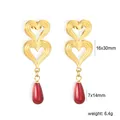 Detailed view of double heart earrings with red teardrop pearls and size specifications - 16x30mm