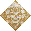 Macro view of a stylized Indian skull and feather print on a gold cotton bandana - 55cm*55cm / Earthy Yellow Indian Skull