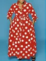 Élégante robe longue chemise rouge grande taille à pois blancs avec ceinture à nouer - Rouge