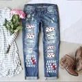 Modische Distressed Straight-Leg-Jeans mit Alphabet-Print und Herz-Patches für Damen - S / Unterteile / Blau mit weißen Herz-Alphabeten