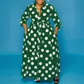 Robe longue chemise à pois verte grande taille élégante avec manches longues et ceinture - Vert Foncé