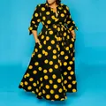 Vestido camisero de talla grande con manga larga y estampado de lunares amarillos. - 2XL / Tops / Amarillo