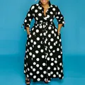 Vestido camisero largo de talla grande a lunares negros y blancos con cinturón y mangas - 2XL / Tops / Negro