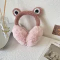 Close-up detail of cute plush frog earmuffs featuring soft pink faux fur ear covers - One Size(Adjustable) / Light Pink