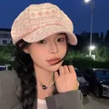 Chic pink and white knitted newsboy cap beret for women winter autumn street fashion - 56-58cm / Heart Snowflake / Pink