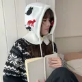 Winter knitted cartoon balaclava hood with integrated neck warmer and ear protection - 56-60cm / White