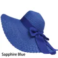 Elegant summer wide-brim straw sun hat with stylish decorative bow in royal blue finish - Sapphire Blue