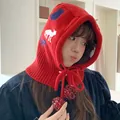 Red Balaclava knit hat with cartoon cat pattern for winter warmth and ear protection - 56-60cm / Red