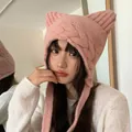 Cute pink cat ear knitted beanie for women winter warm ear protection crochet hat - 56-60cm / Pink