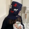 Winter navy knit balaclava with red and white cat motifs and wooden button - 56-60cm / Navy Blue