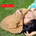 Elegant wide-brimmed straw sun beach hat with a bow in light coffee color for women - Light Coffee