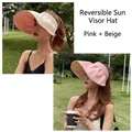 Stylish reversible wide brim sun visor hat for women in soft pink and beige colors - Adjustable / Pink + Beige