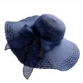 Elegant navy blue wide brim straw sun hat with bow decoration for beach sun protection - Navy Blue