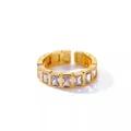 Detailed view of gold-plated open ring with rectangular clear cubic zirconia stones - Adjustable Open / White Rhinestone Open Ring