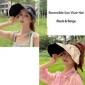 Stylish double-sided wide brim sun visor hat for women in black and beige color combo - Adjustable / Black + Beige