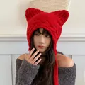 Vibrant red knitted cat ear hat with ear flaps for winter warmth and style - 56-60cm / Red