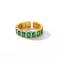 Close-up of vintage gold adjustable open ring with emerald-cut green cubic zirconia stones - Adjustable Open / Green Rhinestone Open Ring