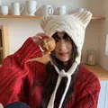 Cute off-white knitted cat ear beanie with cozy earflaps and long ties for women - 56-60cm / Beige
