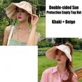 Double-sided wide brim sun visor hat in khaki and beige for UV protection - Adjustable / Khaki + Beige