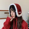 Korean style plush red and white earmuffs with tie straps for winter warmth and wind protection - One Size / Red
