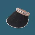 Detailed view of elegant black straw sun visor decorated with white pearls on the brim and band - 55-59cm / Black