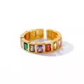 Macro view of gold-tone open ring featuring rectangular multi-colored zircon stones - Adjustable Open / Colorful Rhinestone Open Ring