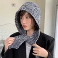Stylish grey and white mixed knit hood scarf combo for winter warmth worn by an Asian model - Stretchy / Black