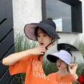 Chapeau de soleil en lin pour femme style coréen avec large bord et haut vide pour l'été - 54-58cm (Ajustable) / Noir + Blanc