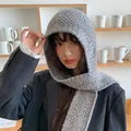Korean style grey knitted hooded scarf hat for women providing autumn winter warmth - Stretchy / Gray
