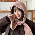 Warm Korean style integrated knitted hood and scarf wrap for winter outdoor use - Stretchy / Khaki