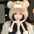 Sweet and cute fluffy bear trapper hat for women with pink bow details for winter - One Size / Khaki