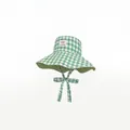 Stylish green gingham wide-brim bucket hat with adjustable chin ties for sun protection - 56-58cm / Green