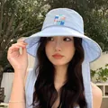 Elegante cappello a secchiello a quadretti azzurro stile coreano con lacci parasole - 56-58cm / Blu