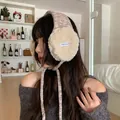 Cozy Korean style plush earmuffs with knitted ties for winter warmth and wind protection - One Size / Khaki