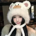 Sweet white plush bear trapper hat with red bows and earflaps for winter fashion - One Size / Off White