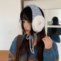 Korean style plush earmuffs for winter, warm blue and white knitted ear covers - One Size / Blue