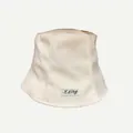Detailed close-up of a stylish cream-colored pleated bucket hat with a small front label - 55-58cm (Adjustable Rope Inside) / Beige