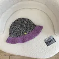 Handmade two-tone knitted bucket hat in grey and purple mix for cozy winter style - 56-58cm / Gray Purple Patchwork