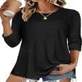 Detalle de camiseta negra de cuello redondo con pliegues frontales y manga tres cuartos - S / Tops / Negro